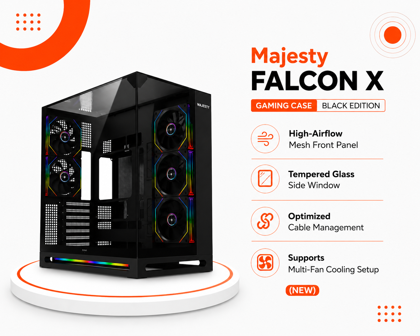 كيس قيمنق Majesty FALCON X باللون الأبيض BLACK Edition، واجهة مش مخرمة تدفق هواء فائق High Airflow Mesh، لوح جانبي من الزجاج المقسى Tempered Glass، وتصميم داخلي واسع لإدارة الكابلات (جديد)