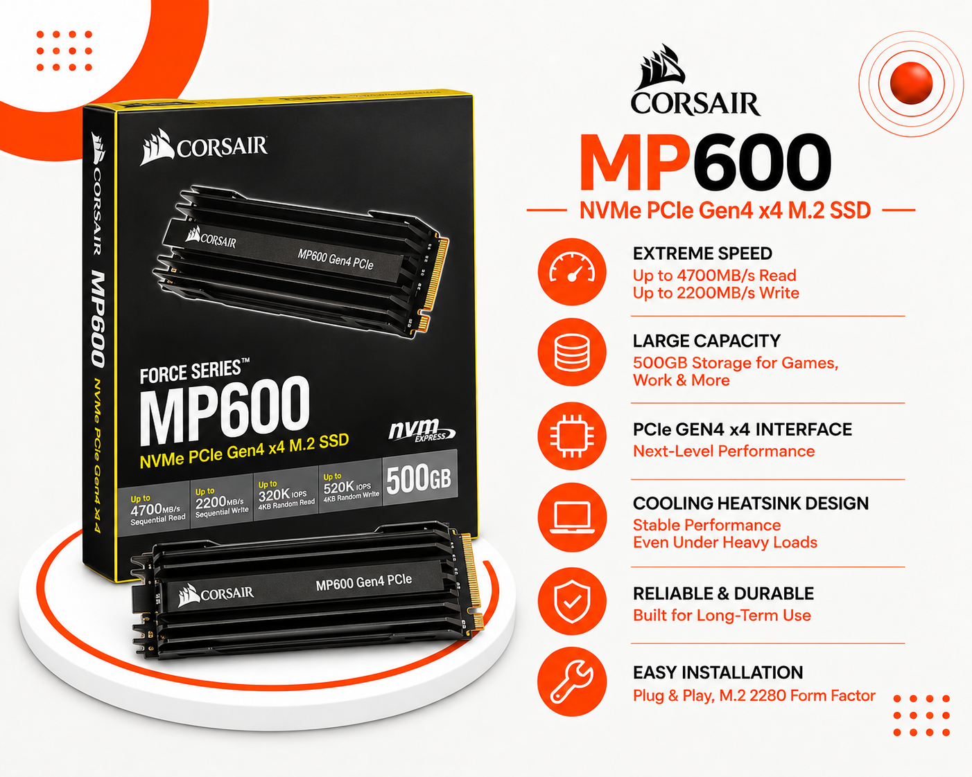 Corsair Force Series MP600 NVMe PCIe Gen4 x4 M.2 SSD 500GB