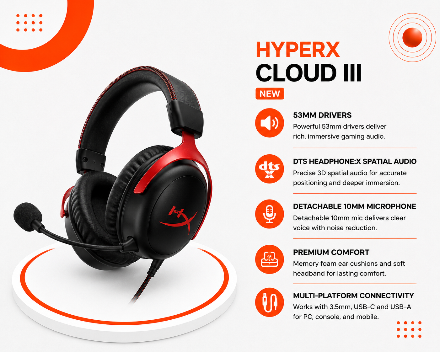 سماعة HyperX Cloud III - سماعة ألعاب سلكية - مشغلات 53mm - DTS Headphone:X Spatial Audio - ميكروفون 10mm قابل للفصل - Memory Foam - اتصال 3.5mm + USB-C / USB-A - لون أسود/أحمر