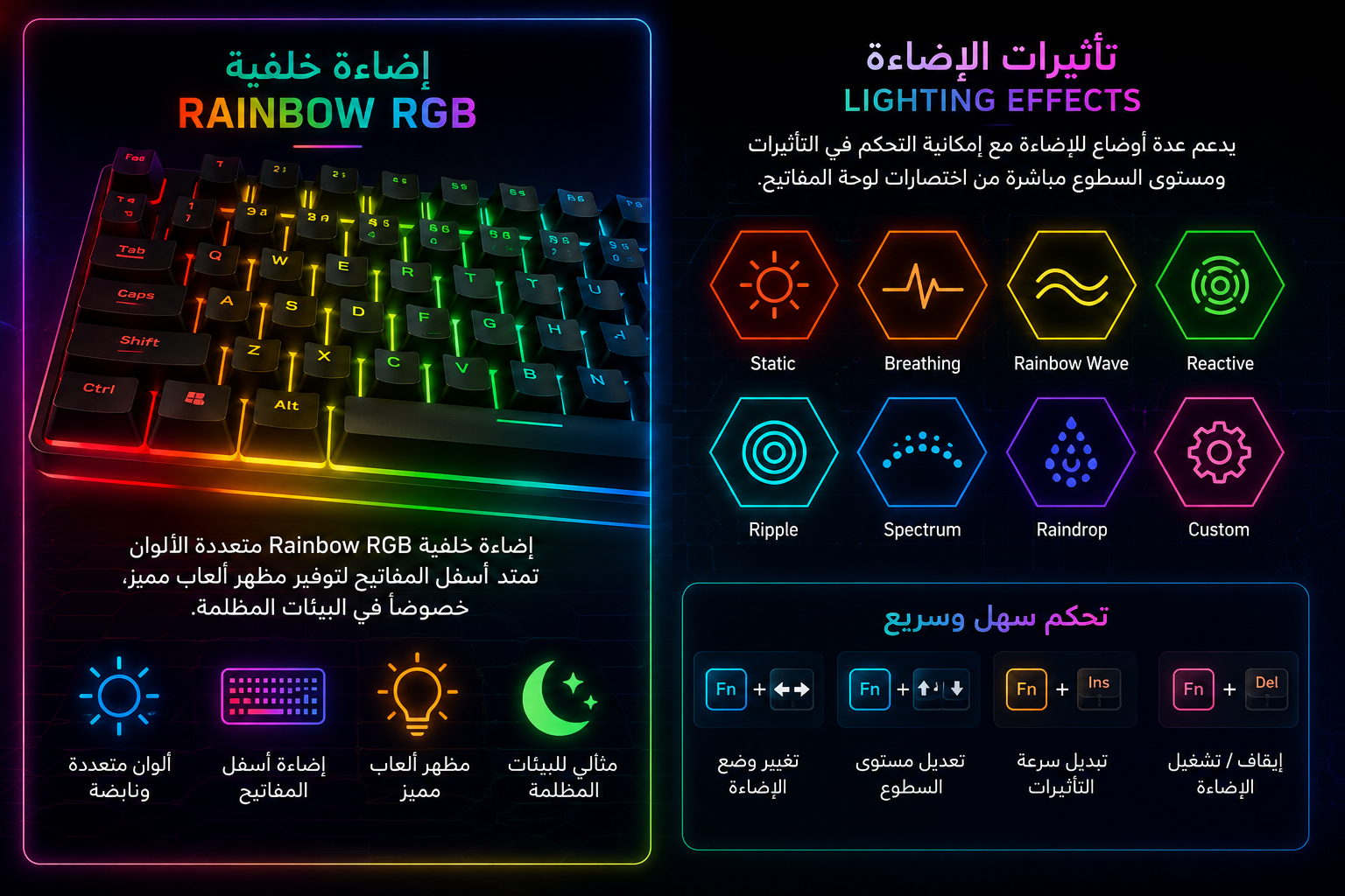 G-TECH K900 - كيبورد ألعاب Full-Size - 104/105 مفتاح - Semi-Mechanical - Rainbow RGB - Anti-Ghosting - اتصال USB سلكي
