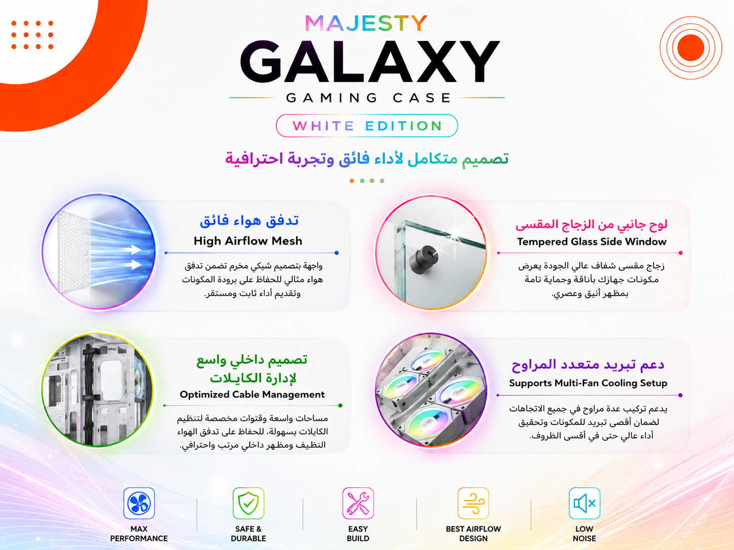 كيس قيمنق Majesty GALAXY باللون الأبيض White Edition، واجهة مش مخرمة تدفق هواء فائق High Airflow Mesh، لوح جانبي من الزجاج المقسى Tempered Glass، وتصميم داخلي واسع لإدارة الكابلات (جديد)