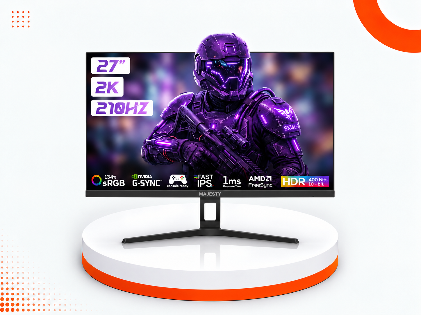 MAJESTY 27" Gaming Monitor – 2K, Fast IPS, 210Hz, 1ms, G-SYNC / FreeSync, HDR 400 Nits