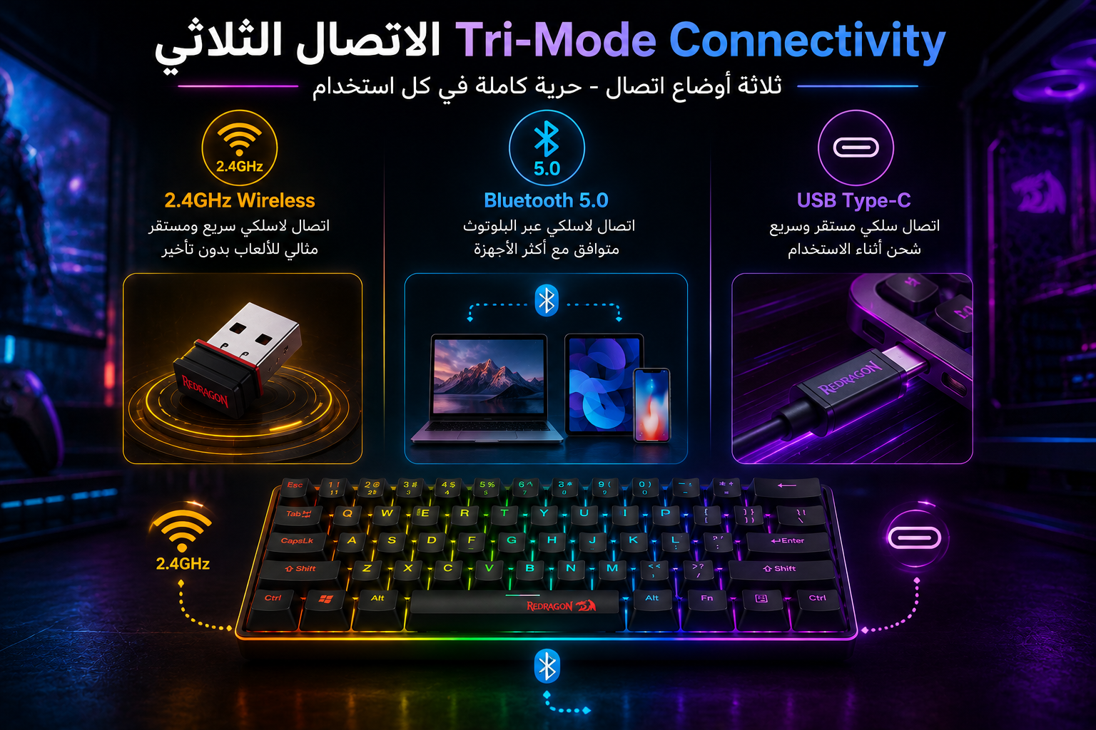 Redragon Fizz Pro K616-RGB - كيبورد ميكانيكي 60% - 61 مفتاح - Tri-Mode - Red Switches - Hot-Swap - RGB - USB-C