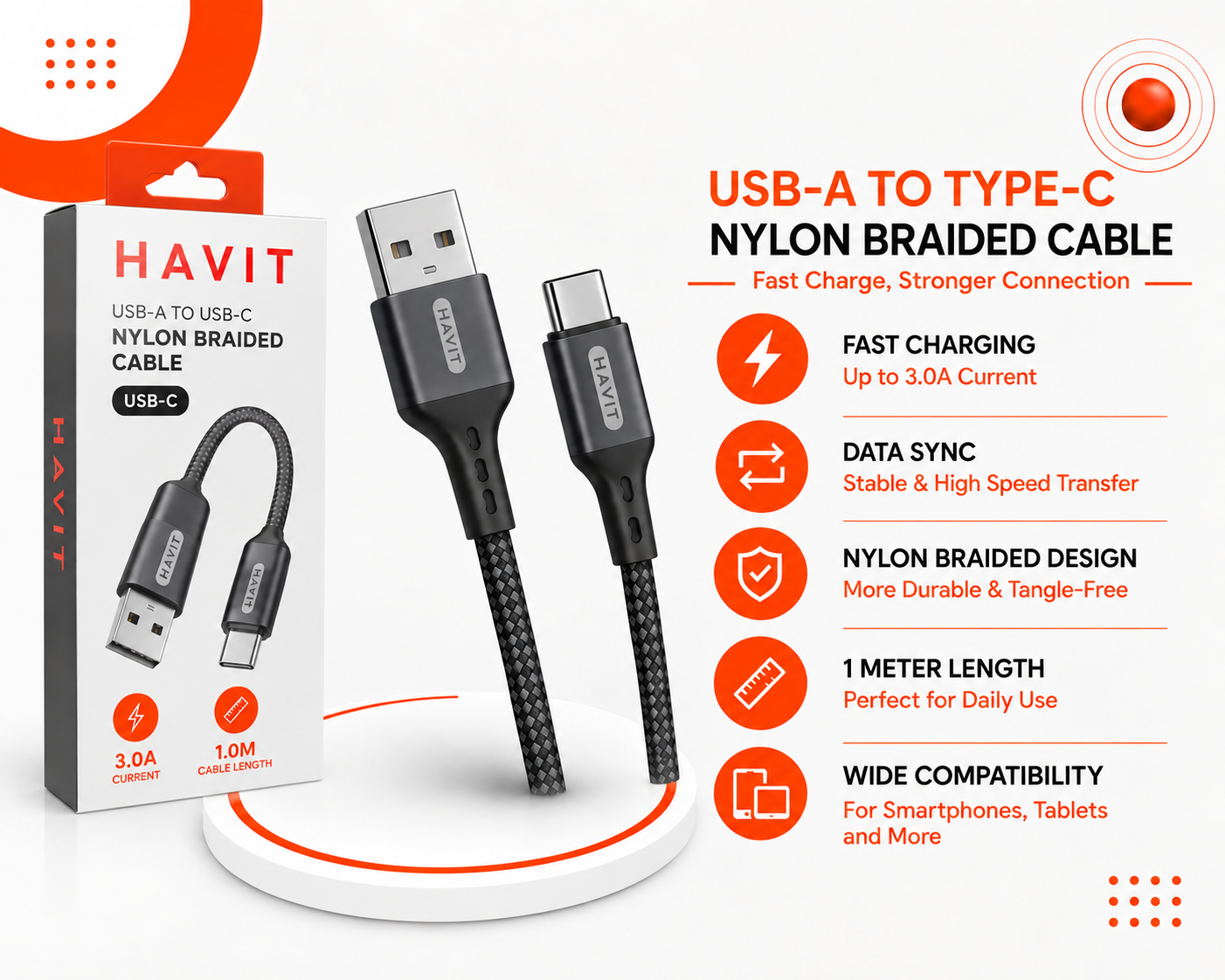 كابل HAVIT USB-A إلى USB-C Nylon Braided