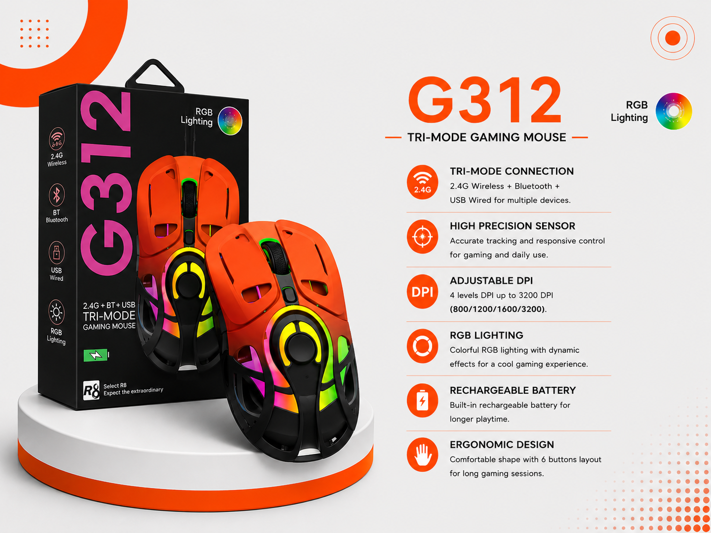 ماوس ألعاب R8 G312 RGB - لاسلكي Tri-Mode - اتصال 2.4GHz + Bluetooth + Type-C سلكي - دقة تصل إلى 10000 DPI - 6 مستويات DPI - بطارية 300mAh قابلة للشحن - تصميم Honeycomb - إضاءة RGB