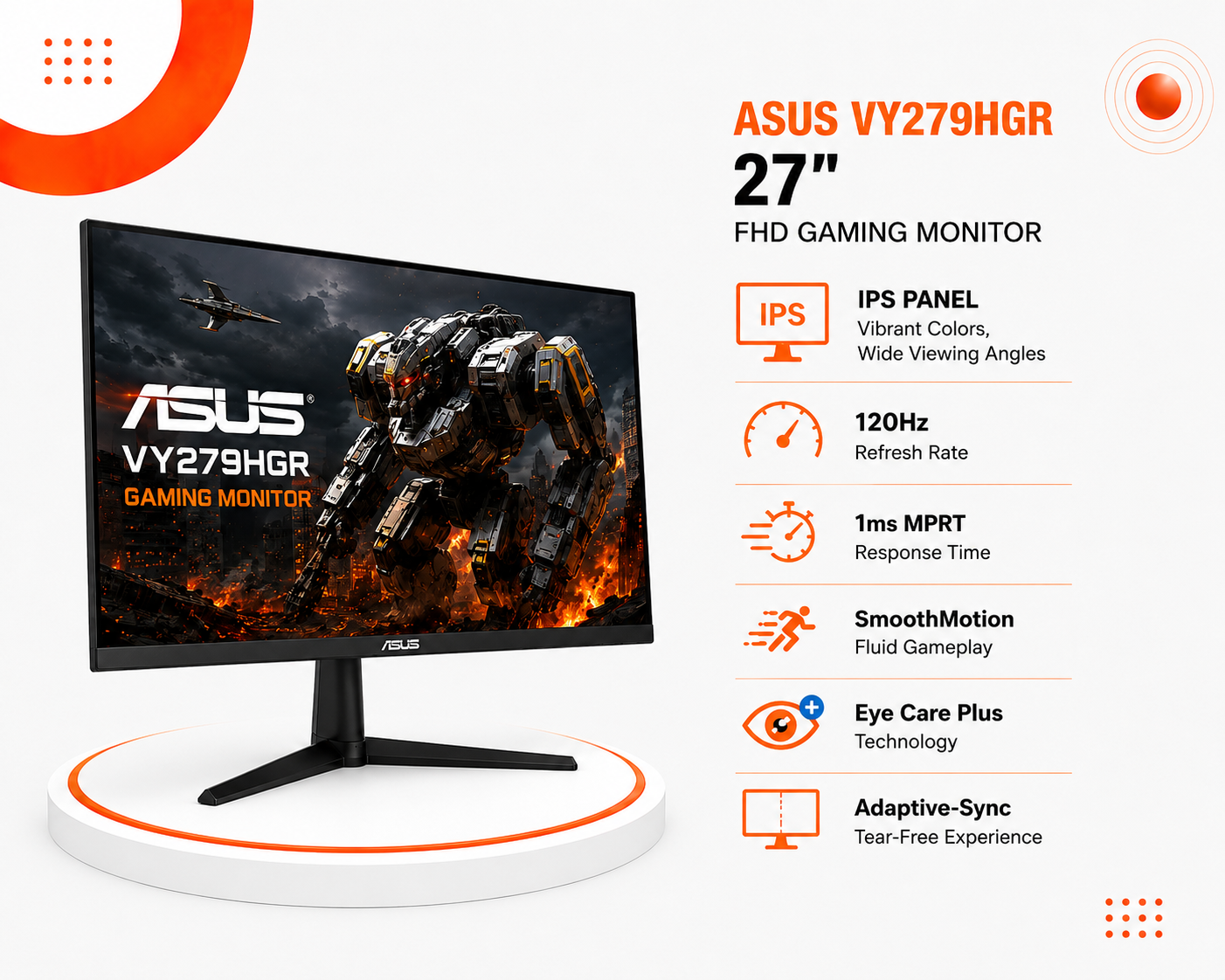 شاشة ألعاب ASUS VY279HGR حجم 27 بوصة بدقة FHD، لوحة IPS، معدل تحديث 120Hz، زمن استجابة 1ms MPRT، تقنية حماية العين العميقة Eye Care Plus، تدعم SmoothMotion (جديد)