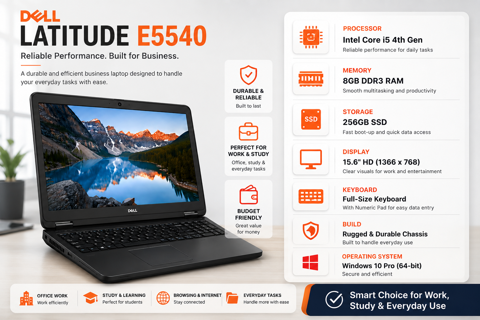 لابتوب أعمال Dell Latitude E5540 شاشة 15.6 بوصة، معالج Intel Core i5 جيل رابع، رام 8GB، تخزين سريع 256GB SSD، لوحة مفاتيح كاملة مع أرقام جانبية، وهيكل متين مخصص للمهام اليومية والدراسة (مستعمل)