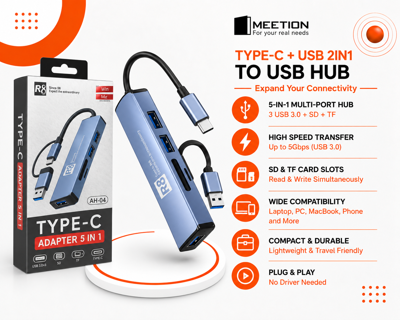 محول R8 AH-04 Type-C Adapter 5 in 1