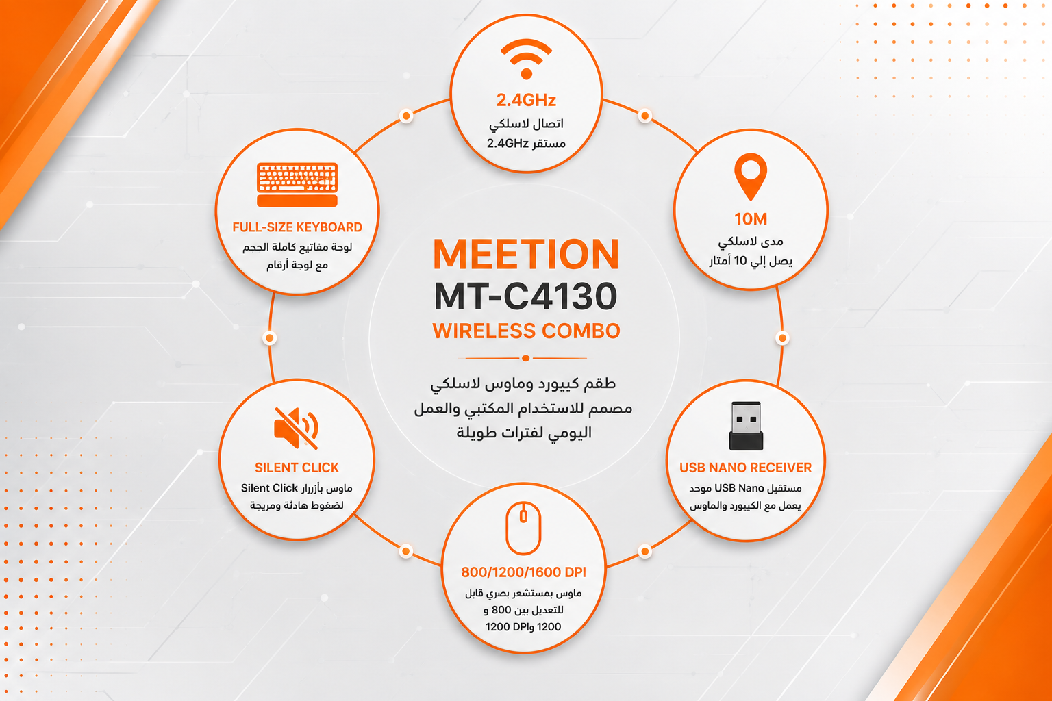 Meetion MT-C4130 Wireless Combo - طقم كيبورد وماوس لاسلكي - كيبورد Full-Size 104/105 Keys - مفاتيح هادئة Membrane - مسند معصم مدمج - ماوس Silent Click - دقة 800/1200/1600 DPI - اتصال لاسلكي 2.4GHz - مدى يصل إلى 10 أمتار - USB Nano Receiver