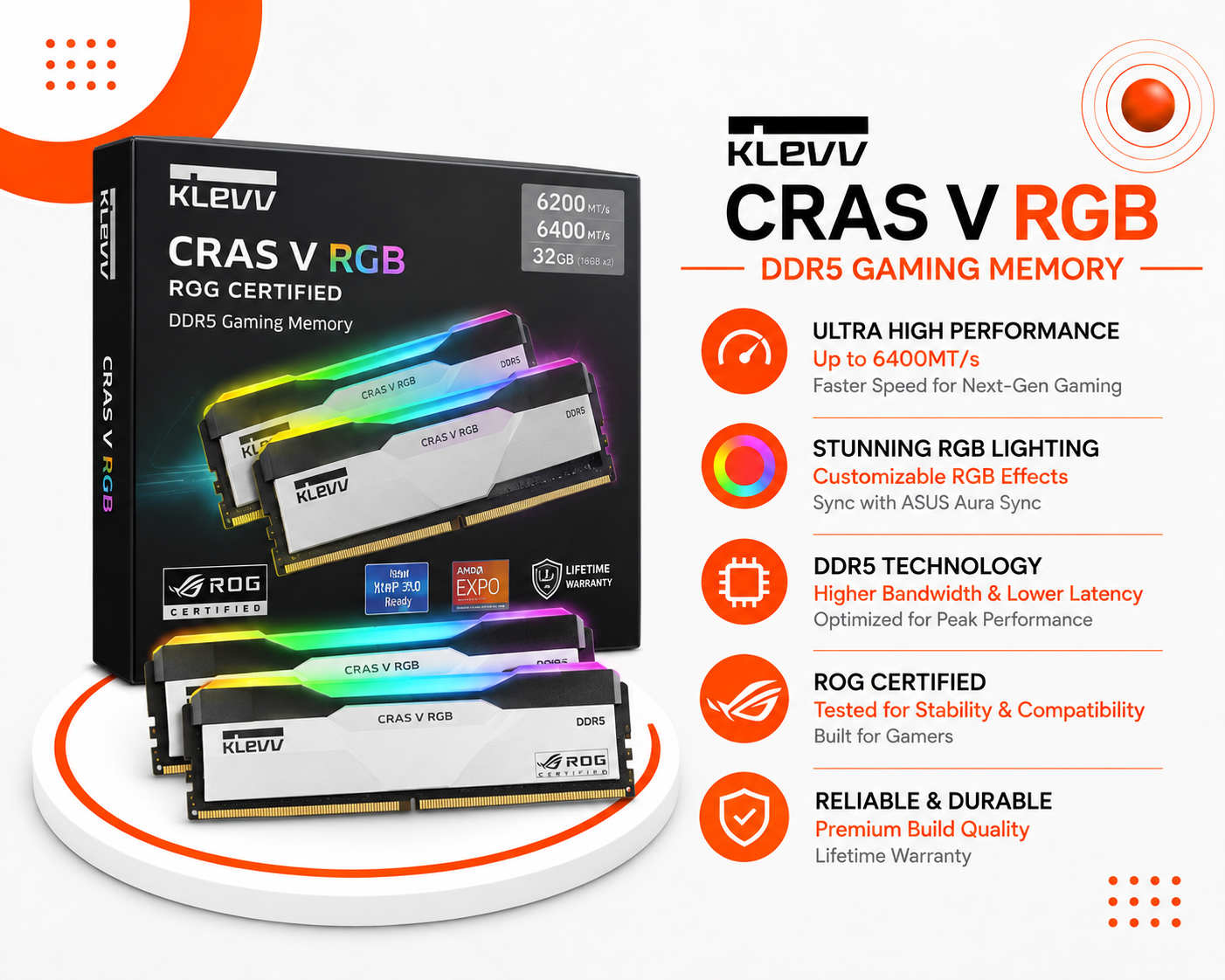 ذاكرة KLEVV CRAS V RGB DDR5 32GB 6400MHz