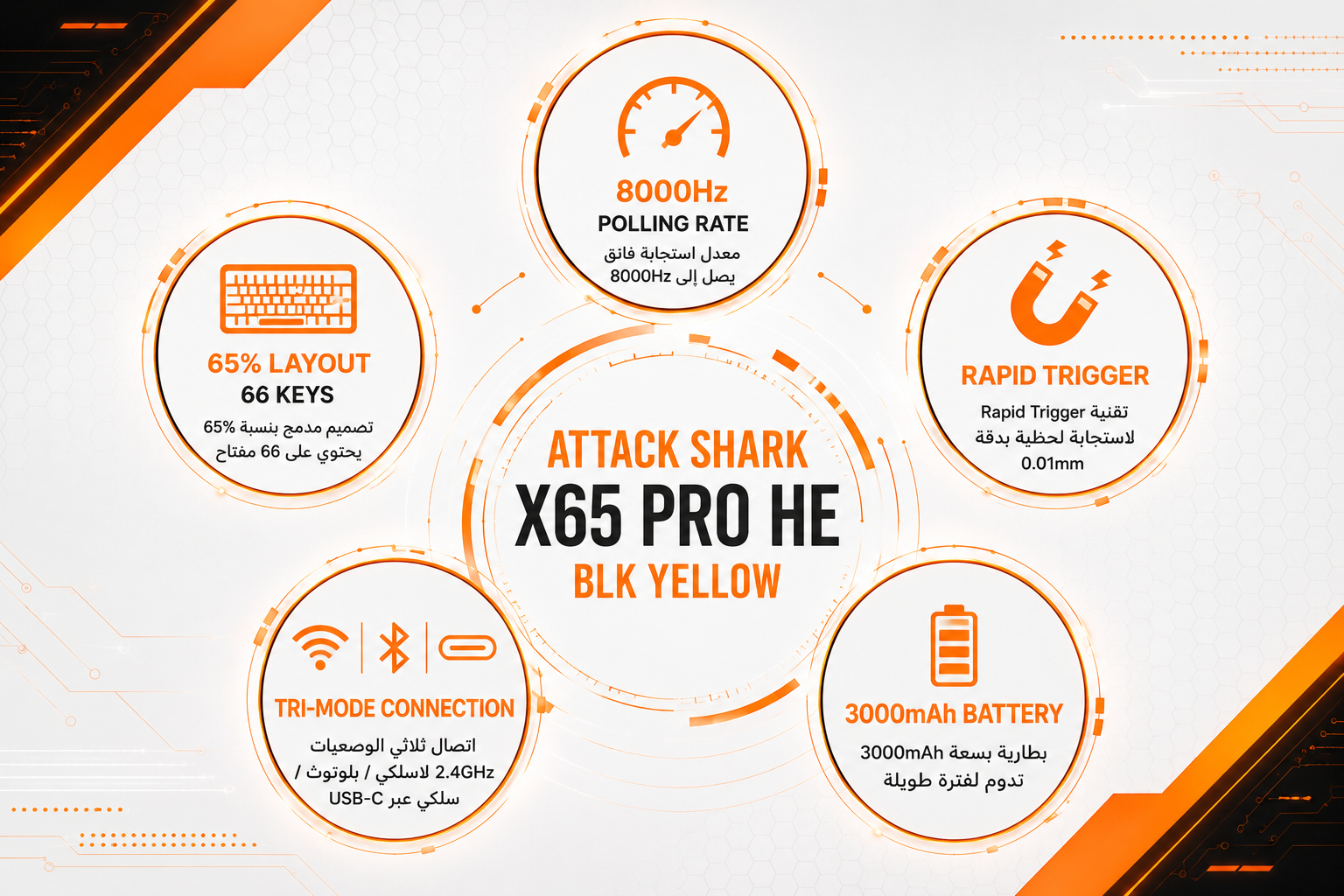 Attack Shark X65 Pro HE BLKYELLOW - كيبورد ألعاب مغناطيسي لاسلكي - تصميم 65% - 66 زر - 8000Hz - Rapid Trigger - Tri-Mode - RGB - بطارية 3000mAh - أسود وأصفر