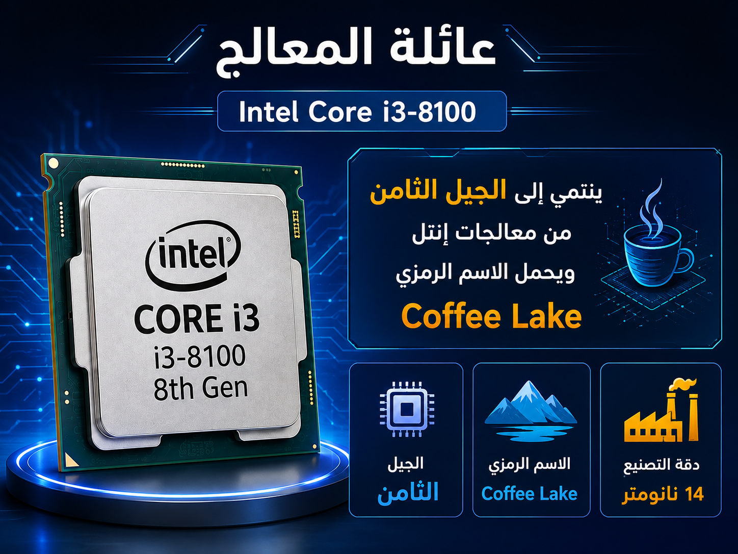 معالج Intel Core i3-8100 جيل ثامن بسرعة 3.60GHz، رباعي النواة (4-Cores) مع 4 خيوط معالجة، كاش 6MB، كرت شاشة مدمج Intel UHD Graphics 630، متوافق مع مقبس LGA 1151 (مستعمل)