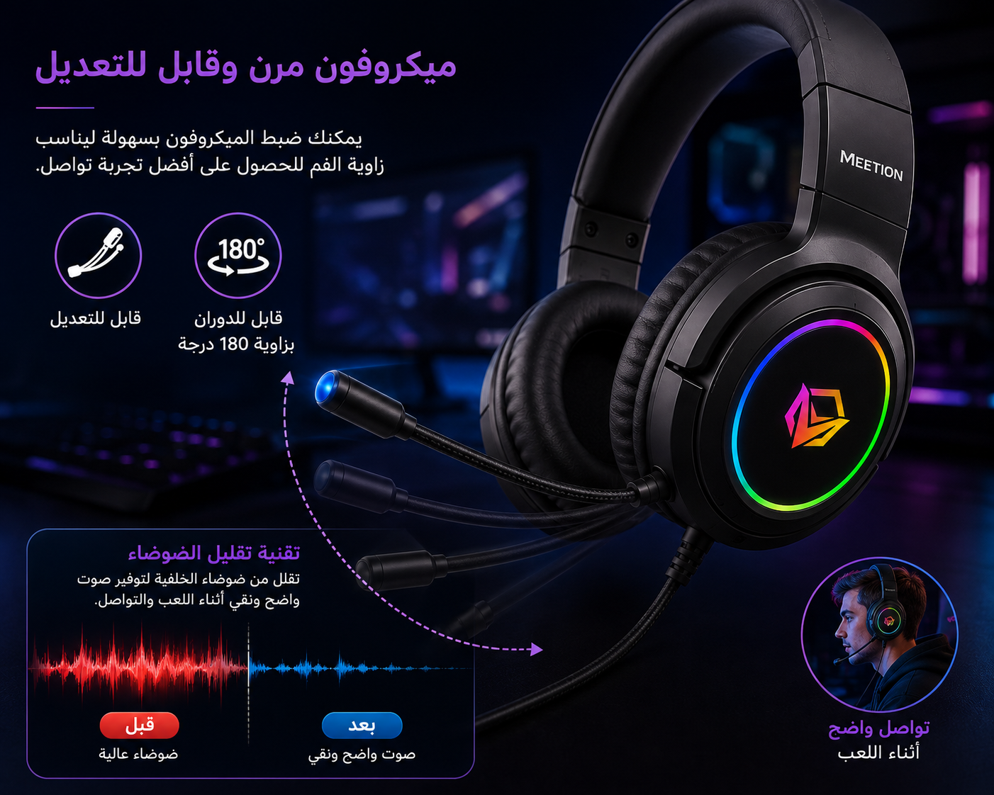 سماعة Meetion MT-HP022 - سماعة ألعاب سلكية - مشغلات 40mm - صوت Stereo Gaming - ميكروفون عازل للضوضاء - إضاءة RGB - اتصال 3.5mm + USB - كابل 1.8 متر - وزن 211g