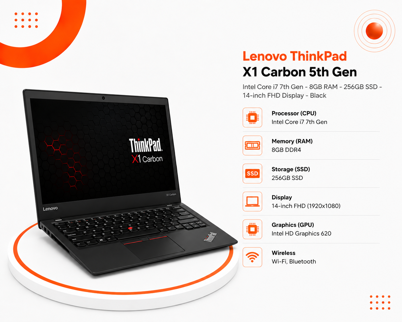 Lenovo ThinkPad X1 Carbon الجيل الخامس - Intel Core i7 الجيل السابع - رام 8GB - تخزين 256GB SSD - شاشة 14 إنش FHD - اللون أسود