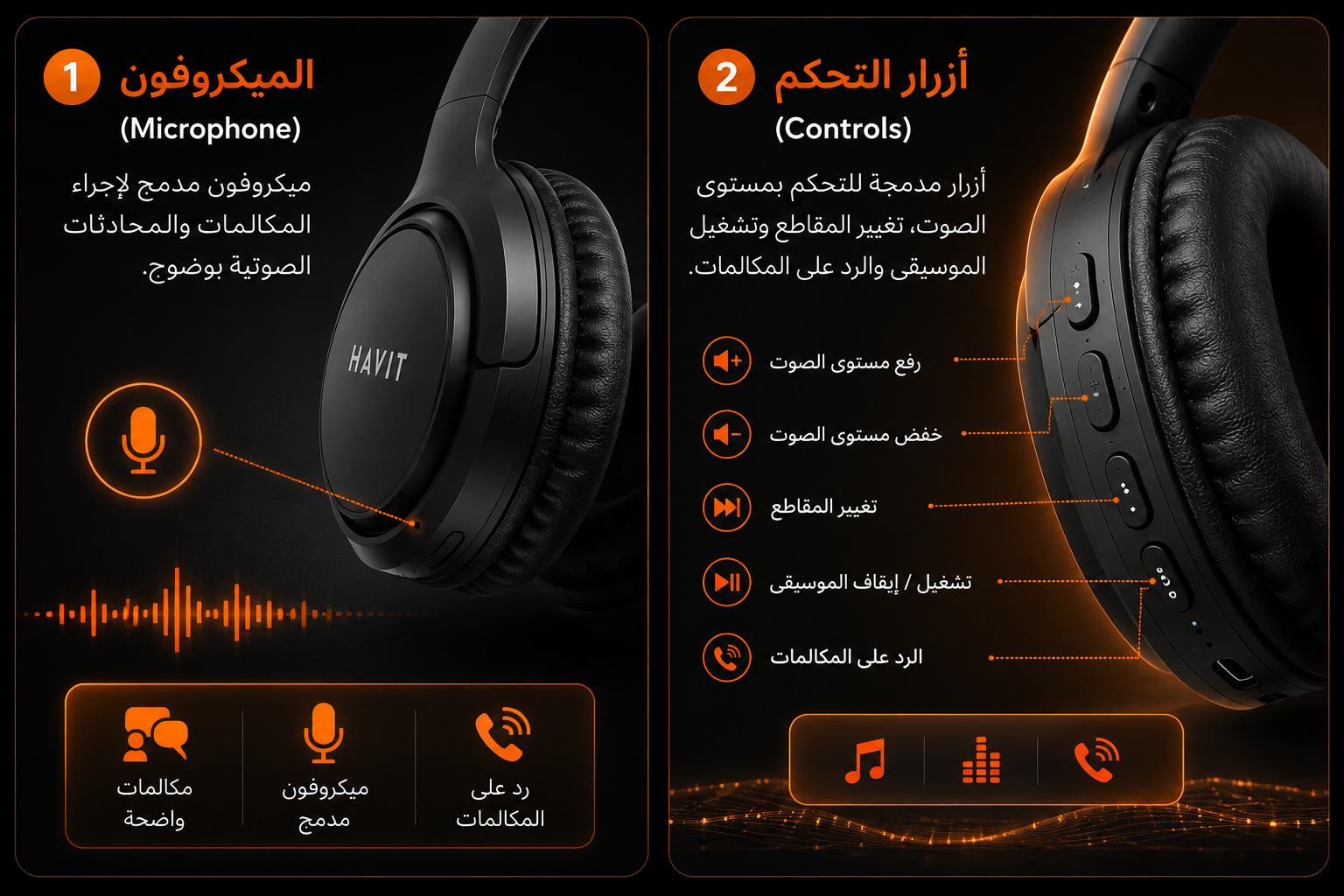 سماعة Havit H633BT - لاسلكية Bluetooth 5.1 - مكبرات صوت 40mm - صوت Stereo مع Deep Bass - بطارية 350mAh - تشغيل حتى 22 ساعة - اتصال بجهازين - AUX 3.5mm - شحن Type-C - تصميم قابل للطي - ميكروفون مدمج