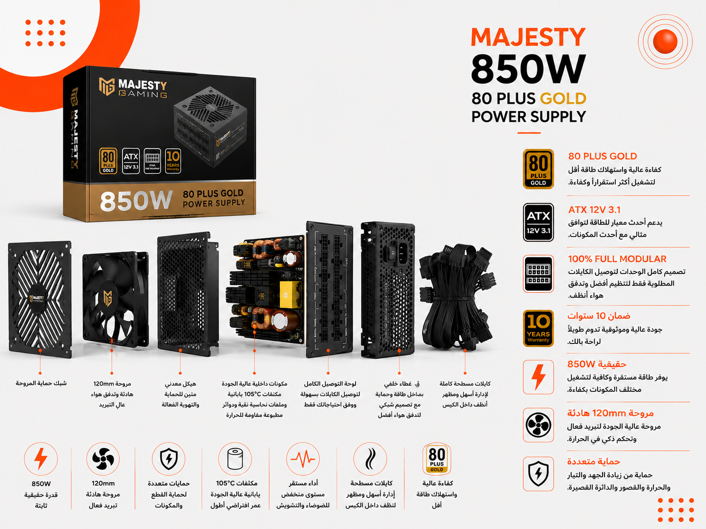 Majesty Gaming 850W – 80 PLUS Gold – Full Modular – ATX 12V 3.1 – ضمان 10 سنوات