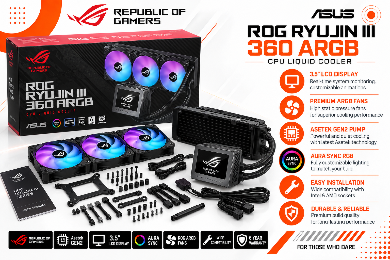 ASUS ROG Ryujin III - مبرد مائي AIO - شاشة LCD بحجم 3.5 إنش - مضخة Asetek الجيل الثامن - ردياتير 240mm / 360mm - مروحة VRM مدمجة - قاعدة نحاسية - دعم Intel / AMD