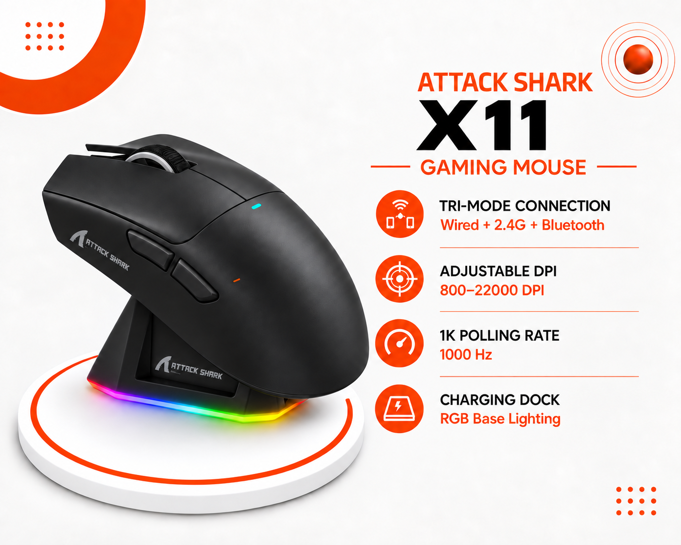 ماوس الألعاب ATTACK SHARK X11 – أسود