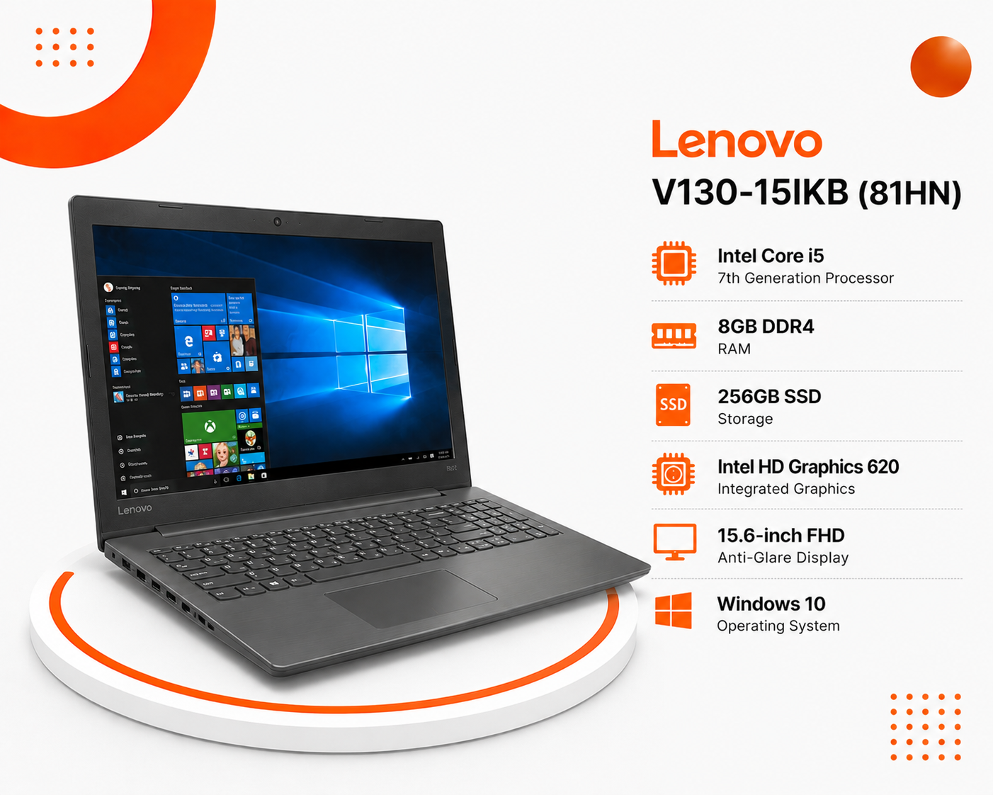 لينوفو V130-15IKB (81HN) - المعالج Intel Core i5 الجيل السابع - الرام 8GB DDR4 - التخزين 256GB M.2 SSD - كرت الشاشة Intel HD Graphics 620 - اللون رمادي Iron Grey - الشاشة 15.6 إنش FHD Anti-Glare - كيبورد كامل مع لوحة أرقام - نظام التشغيل Windows 10