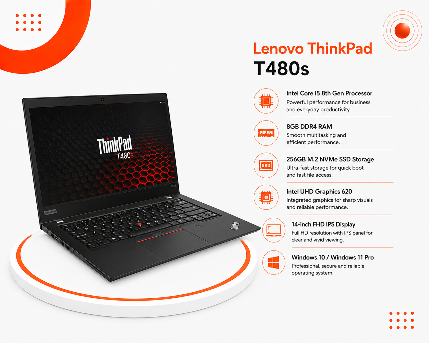 لينوفو ThinkPad T480s - المعالج Intel Core i5 الجيل الثامن - الرام 8GB DDR4 - التخزين 256GB M.2 NVMe SSD - كرت الشاشة Intel UHD Graphics 620 - اللون أسود - الشاشة 14 إنش FHD IPS - نظام التشغيل Windows 10 / Windows 11 Pro