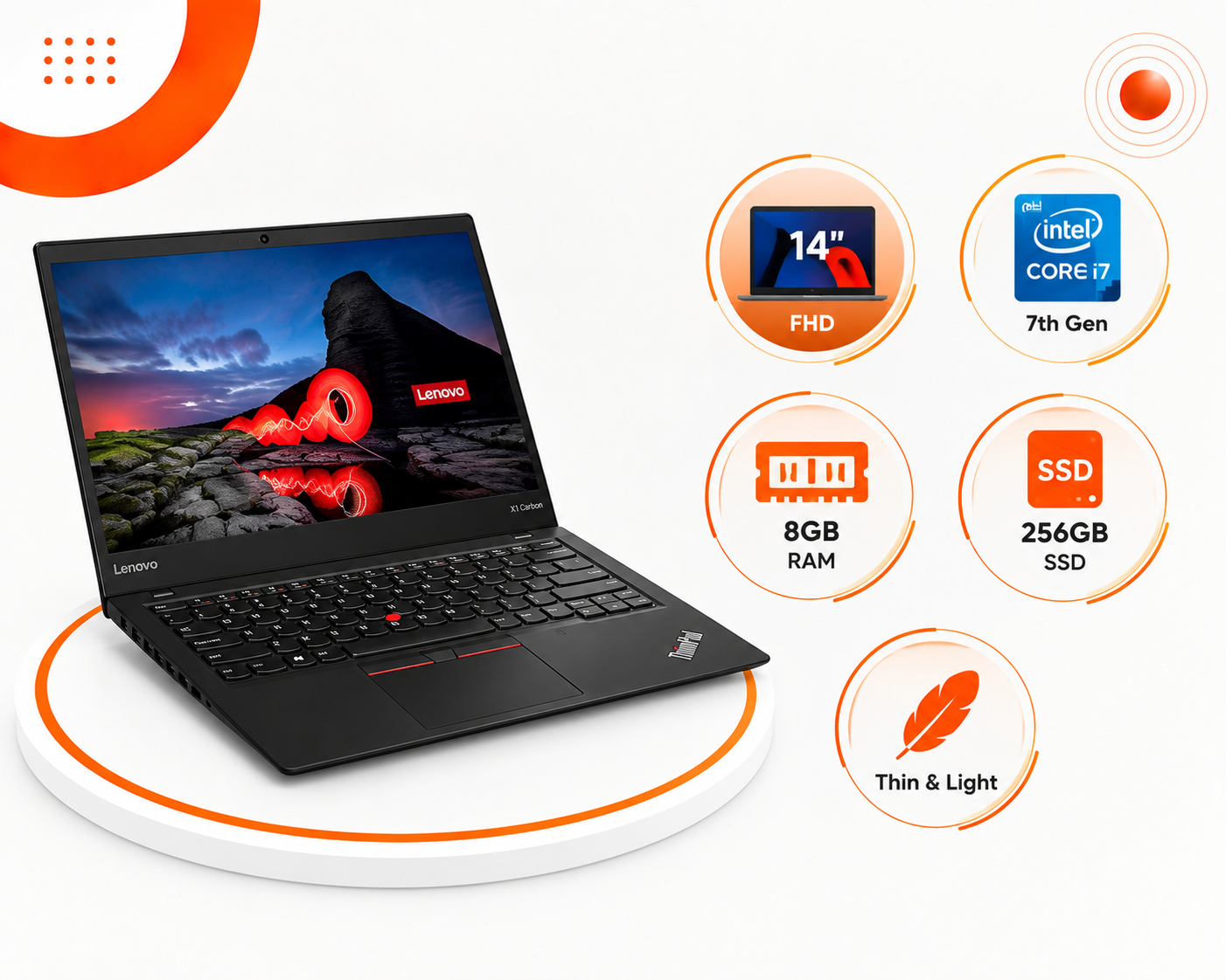 Lenovo ThinkPad X1 Carbon الجيل الخامس - Intel Core i7 الجيل السابع - رام 8GB - تخزين 256GB SSD - شاشة 14 إنش FHD - اللون أسود