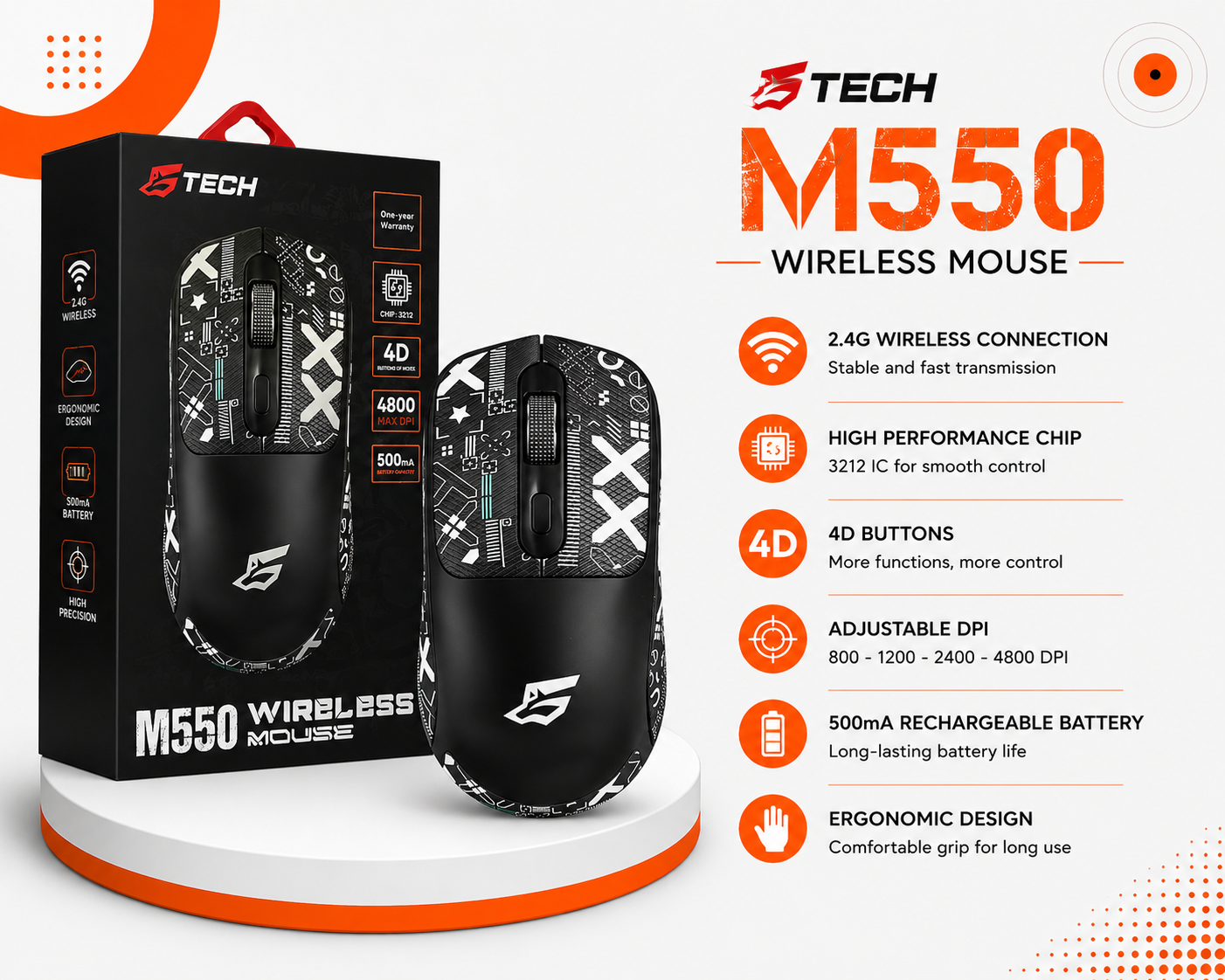 ماوس G-Tech M550 لاسلكي - مستشعر بصري - دقة 4800 DPI - اتصال 2.4GHz - بطارية قابلة للشحن 500mAh - مستقبل USB - تصميم مريح - Plug & Play