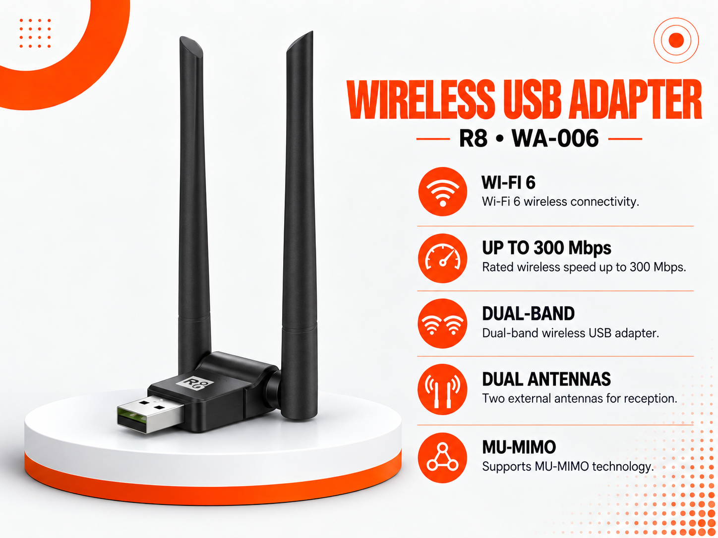 محول واي فاي USB لاسلكي R8 WA-006