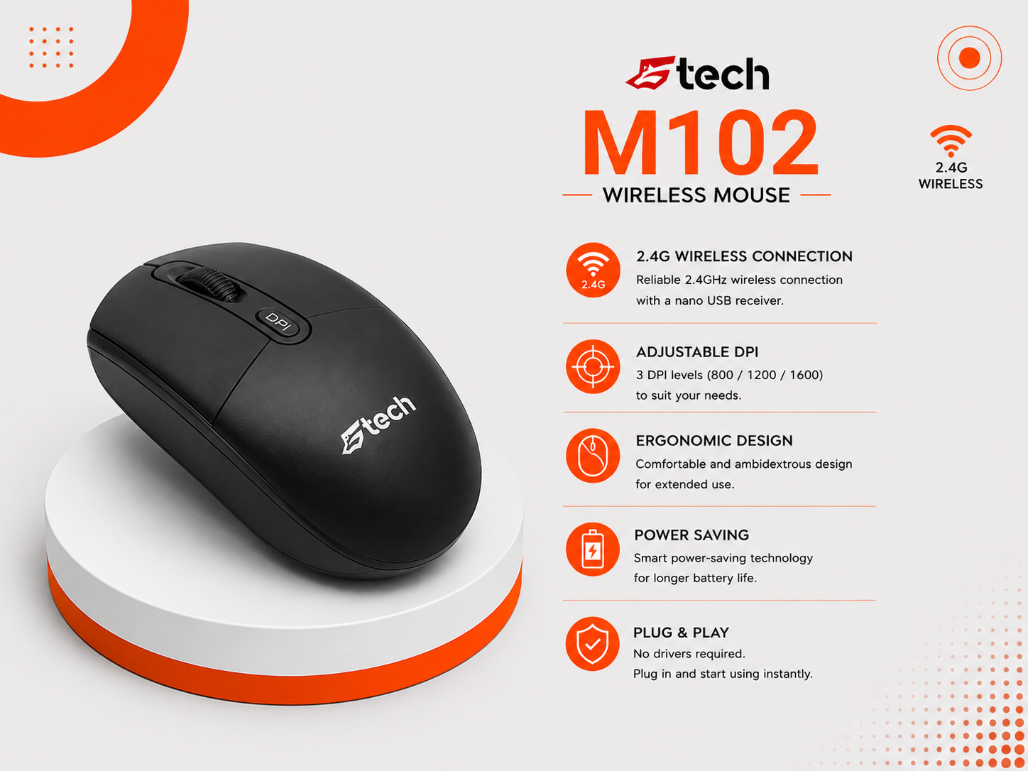ماوس GTech M102 - سلكي - مستشعر بصري - دقة 1000 DPI - 3 أزرار - تصميم متماثل - عمر 3 مليون نقرة - USB-A - كابل 1.5 متر - Plug & Play