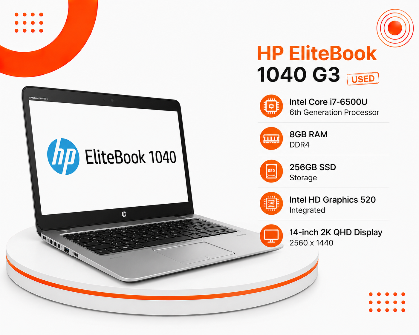 HP EliteBook 1040 G3 - المعالج Intel Core i7-6500U الجيل السادس - الرام 8GB - التخزين 256GB SSD - كرت الشاشة Intel HD Graphics 520 - الشاشة 14 إنش 2K QHD - تصميم Premium Business Ultrabook - الجهاز مستعمل - نظام التشغيل Windows 10
