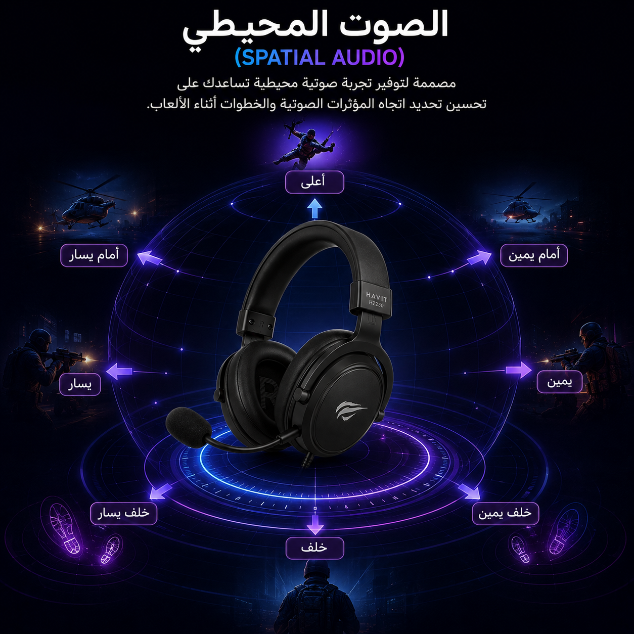 سماعة ألعاب Havit H2230 - سلكية - مكبرات صوت 50mm - صوت محيطي Spatial Audio - ميكروفون قابل للفصل - منفذ 3.5mm أو USB حسب الإصدار - كابل 1.8 متر - تصميم خفيف الوزن