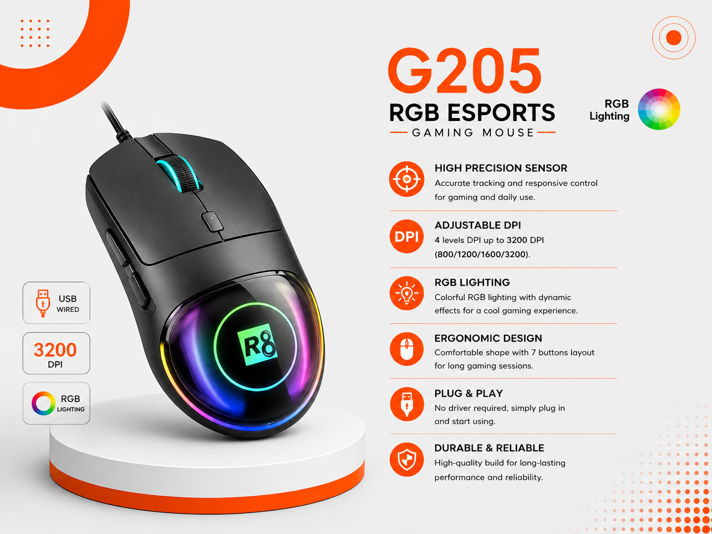ماوس ألعاب R8 G205 RGB - سلكي - مستشعر بصري Optical - دقة تصل إلى 7200 DPI - 6 أزرار - إضاءة RGB حتى 14 وضع - وزن 78g - عمر 10 مليون نقرة - كابل USB بطول 1.5 متر - Plug & Play
