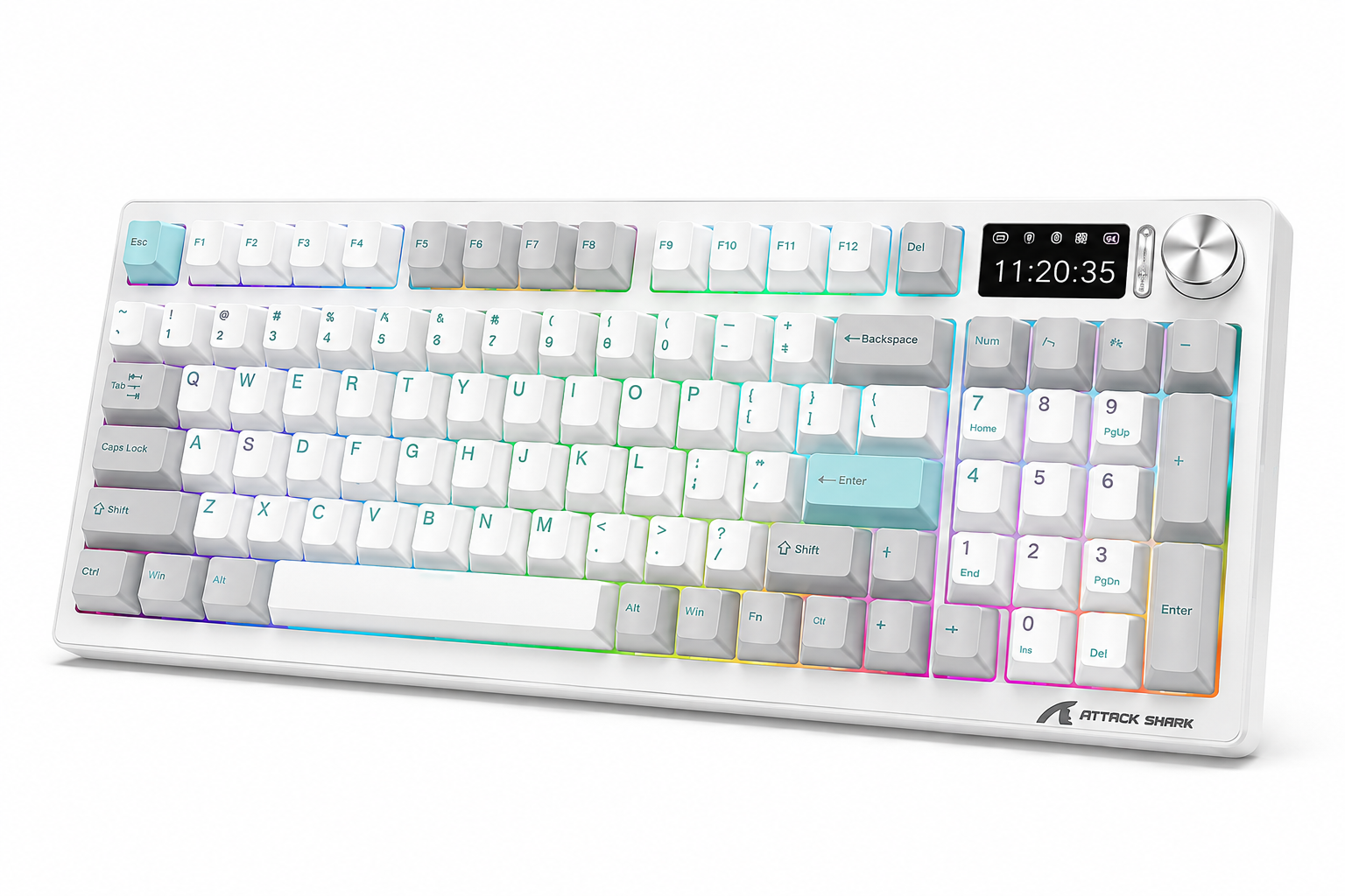 Attack Shark X98 Pro Starry White - تصميم 98% مع Numpad - اتصال ثلاثي Bluetooth و2.4GHz وسلكي - بطارية 4000mAh - شاشة ملونة 1.5 إنش - مقبض تحكم معدني - Hot-Swap - Gasket Mount - إضاءة RGB - اللون Starry White أبيض نجمي