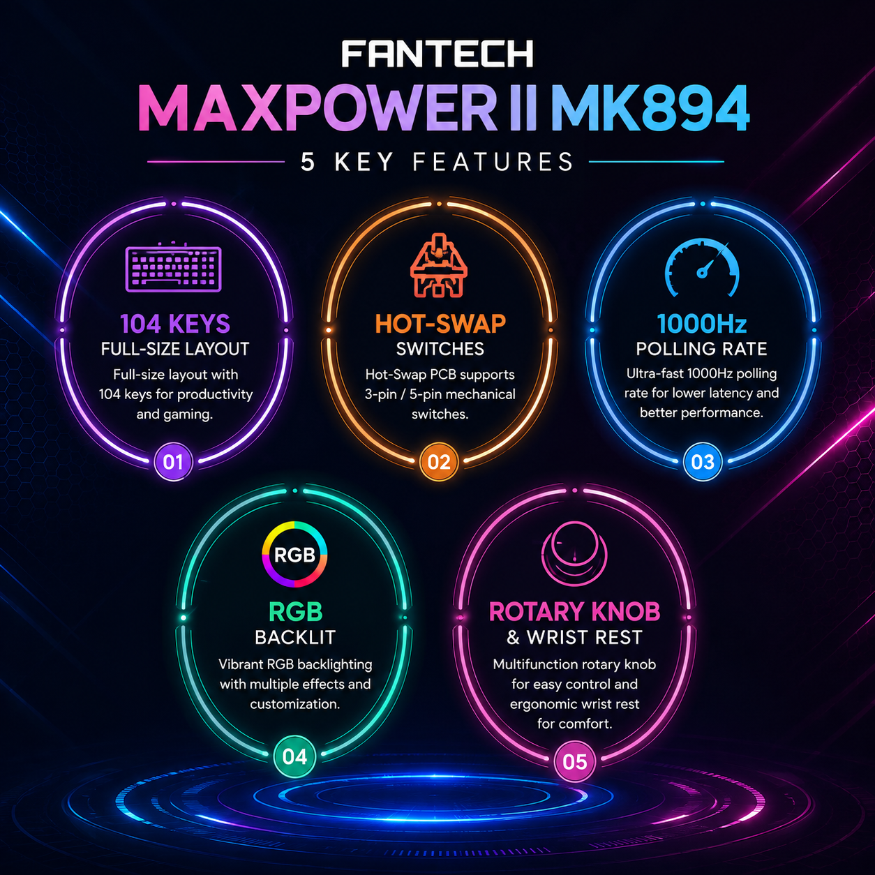 Fantech Maxpower II MK894 - كيبورد ميكانيكي Full-Size - 104 مفاتيح - Hot-Swap - 1000Hz - RGB - Rotary Knob - مسند معصم