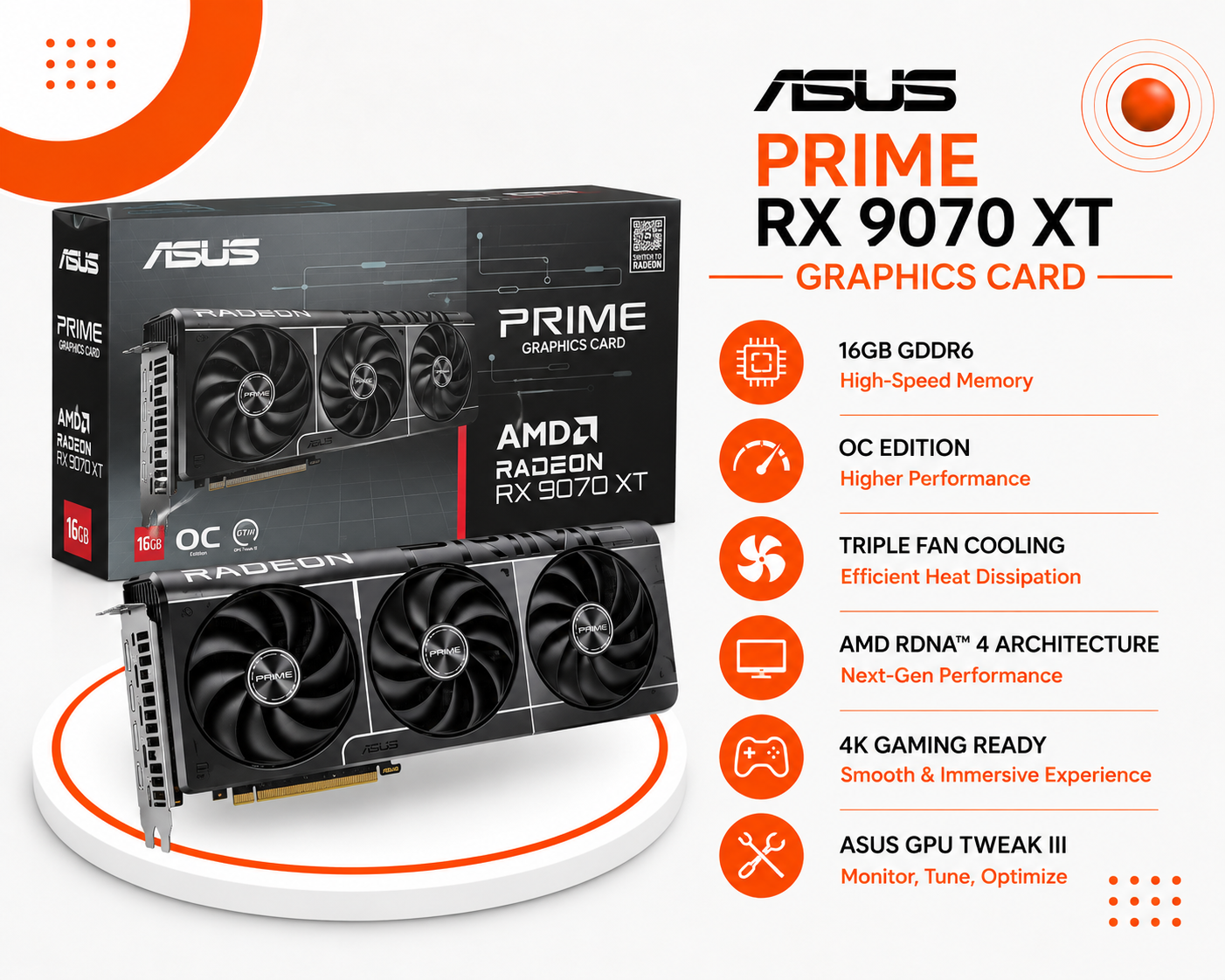 بطاقة الرسومات ASUS Prime Radeon RX 9070 XT 16GB GDDR6