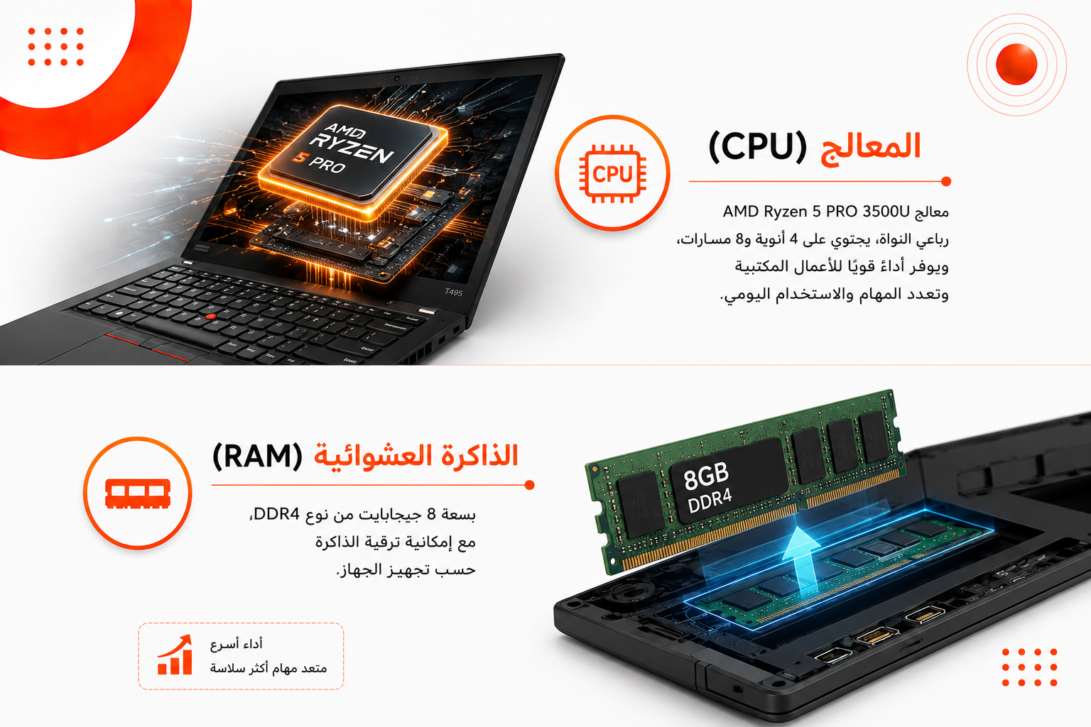 لينوفو ThinkPad T495 - المعالج AMD Ryzen 5 PRO 3500U - الرام 8GB DDR4 - التخزين 256GB M.2 NVMe SSD - كرت الشاشة AMD Radeon Vega 8 Graphics - اللون أسود - الشاشة 14 إنش FHD IPS - قارئ بصمة -  نظام التشغيل Windows 10 / Windows 11 Pro