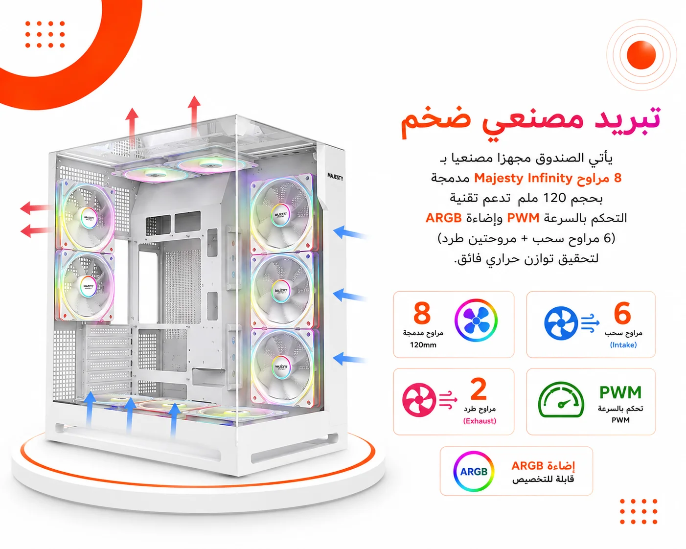 كيس قيمنق Majesty FALCON X باللون الأبيض White Edition، واجهة مش مخرمة تدفق هواء فائق High Airflow Mesh، لوح جانبي من الزجاج المقسى Tempered Glass، وتصميم داخلي واسع لإدارة الكابلات (جديد)