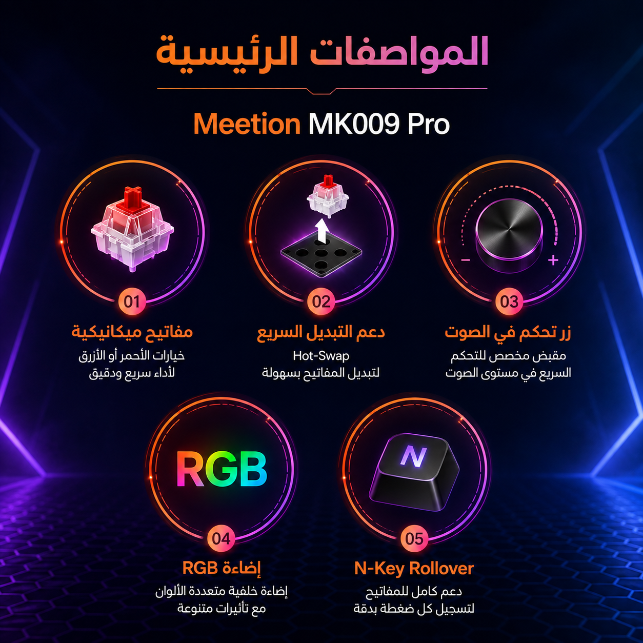 Meetion MK009 Pro - كيبورد ميكانيكي Full-Size - Hot-Swap - Red/Blue Switches - بكرة تحكم بالصوت - RGB - N-Key Rollover - USB-C