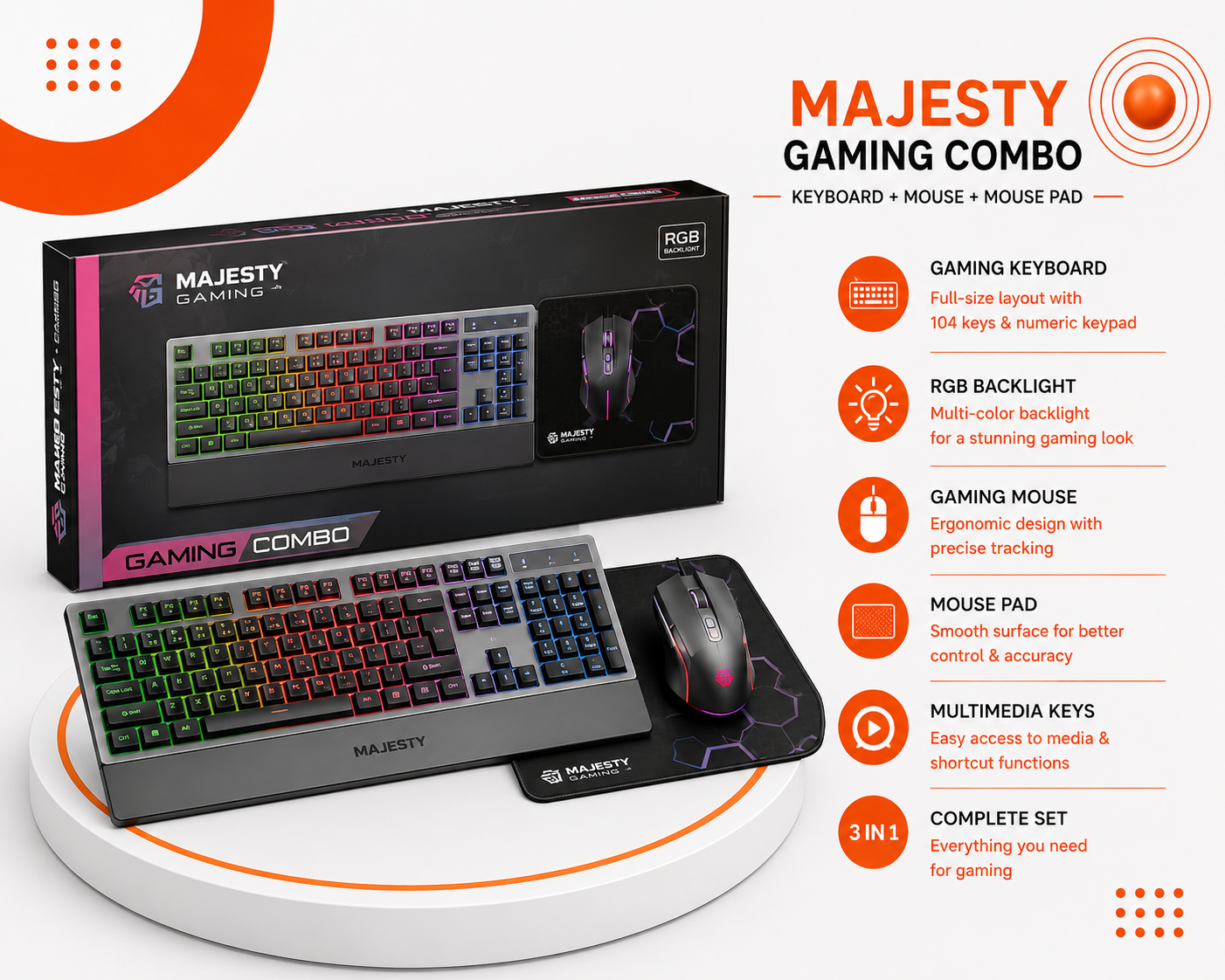 مجموعة Majesty Gaming - لوحة مفاتيح للألعاب - ماوس للألعاب - وسادة ماوس - إضاءة خلفية RGB - مفاتيح وسائط متعددة - لون أسود