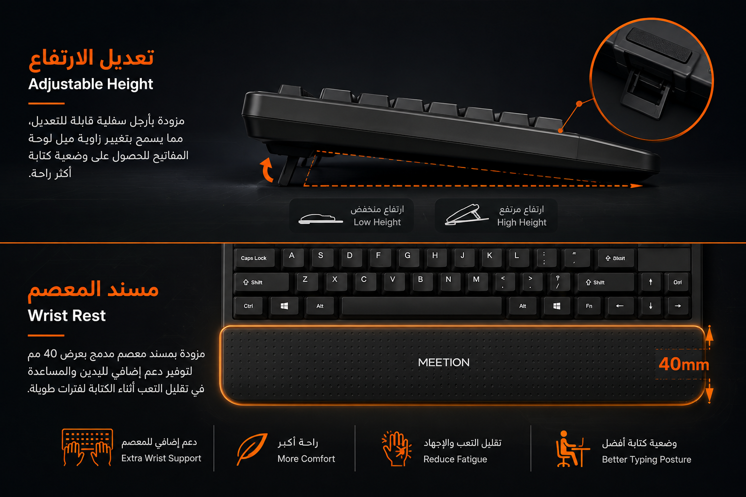 Meetion MT-C4130 Wireless Combo - طقم كيبورد وماوس لاسلكي - كيبورد Full-Size 104/105 Keys - مفاتيح هادئة Membrane - مسند معصم مدمج - ماوس Silent Click - دقة 800/1200/1600 DPI - اتصال لاسلكي 2.4GHz - مدى يصل إلى 10 أمتار - USB Nano Receiver