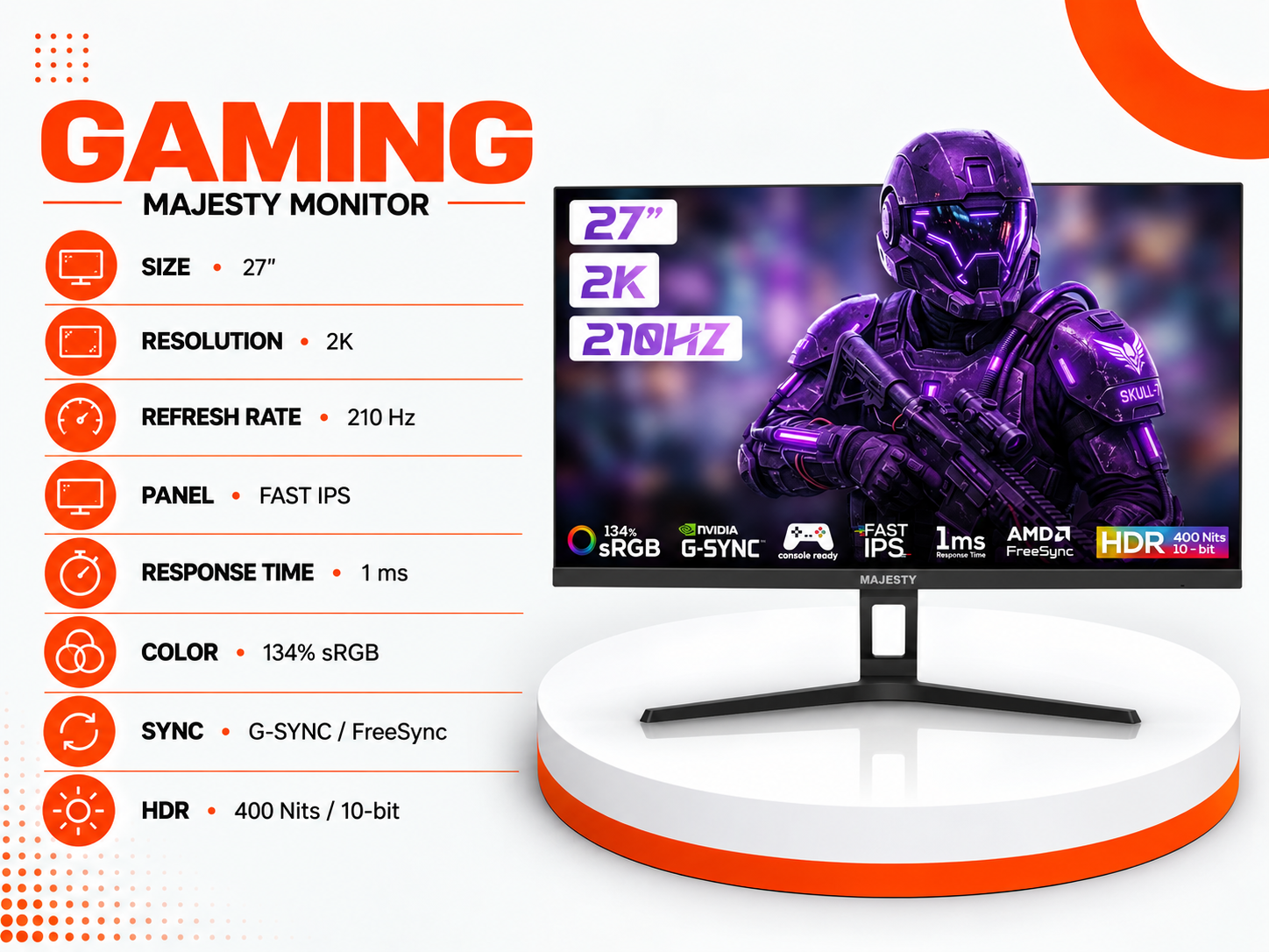 MAJESTY 27" Gaming Monitor – 2K, Fast IPS, 210Hz, 1ms, G-SYNC / FreeSync, HDR 400 Nits