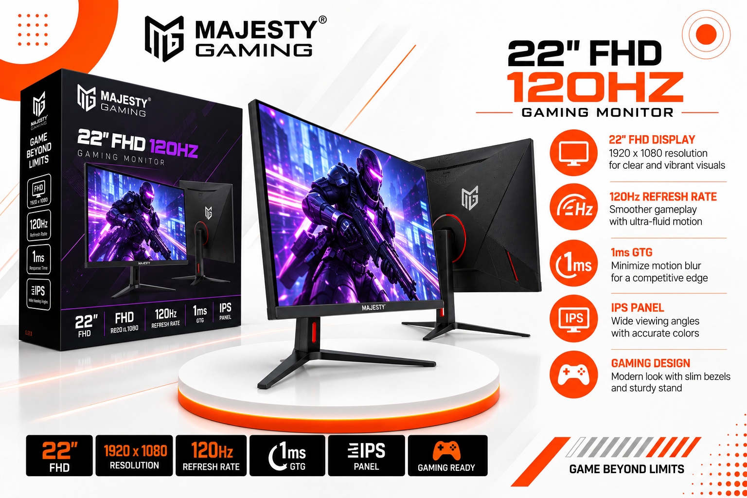 شاشة ألعاب Majesty Gaming مقاس 22 بوصة بدقة FHD ومعدل تحديث 120 هرتز
