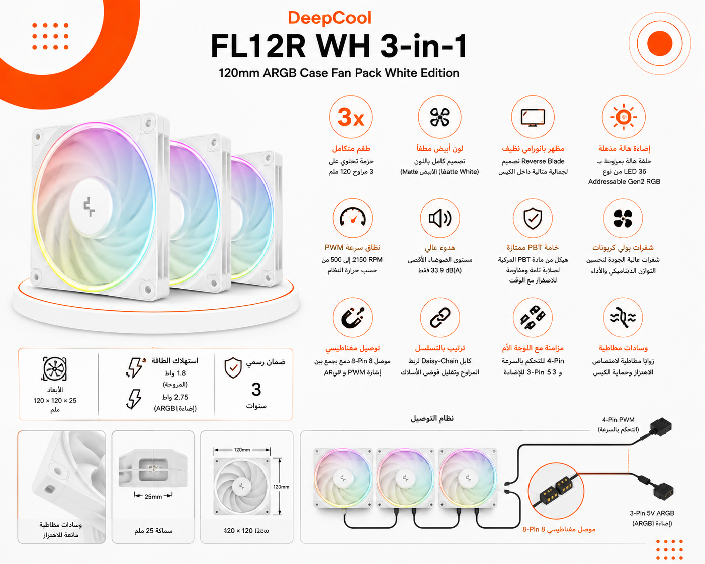 مراوح تبريد DeepCool FL12R WH 3-in-1 باللون الأبيض حجم 120mm، تصميم ريش معكوسة لسحب الهواء بمظهر جمالي كامل، طوق إضاءة مضيء يحتوي على 36 مصباح ARGB Gen2، تحكم ذكي يتراوح بين 500-2150 RPM، ومزودة بمحامل حركة هيدروليكية FDB هادئة وطويلة العمر (جديد)