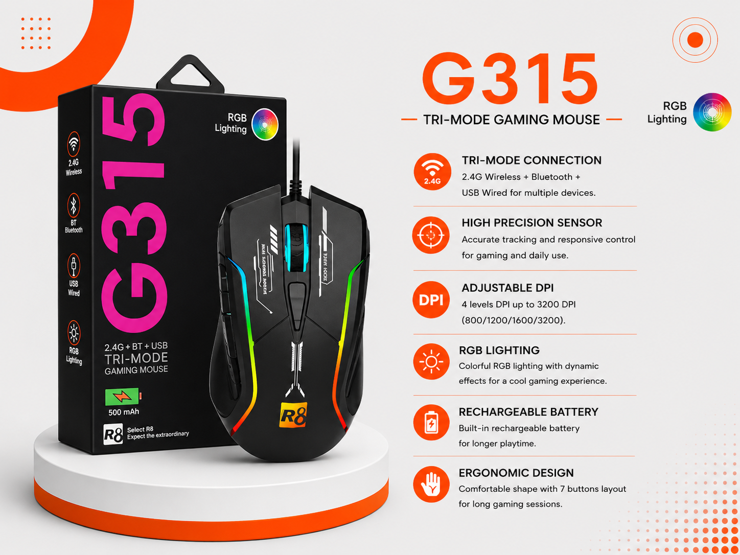 ماوس R8 G315 RGB - لاسلكي Tri-Mode - اتصال 2.4GHz + Bluetooth + Type-C سلكي - دقة تصل إلى 12800 DPI - 6 مستويات DPI - 6 أزرار - بطارية 500mAh قابلة للشحن - إضاءة RGB - تصميم Ergonomic