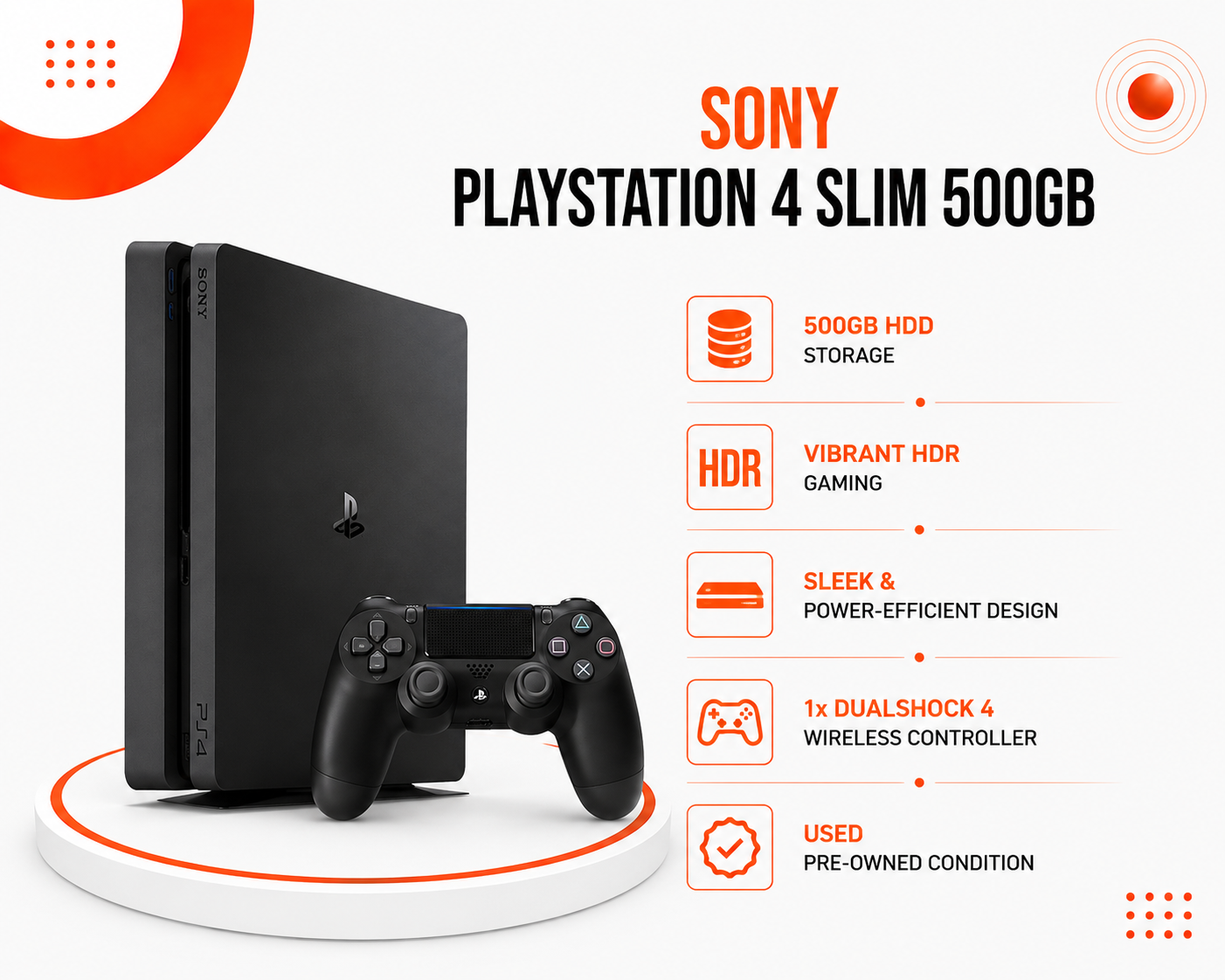 جهاز ألعاب PlayStation 4 Slim سعة تخزين 500GB HDD، تصميم نحيف وموفر للطاقة، يدعم ألعاب HDR النابضة بالألوان، يأتي مع يد تحكم لاسلكية DualShock 4 عدد 1 (مستعمل)