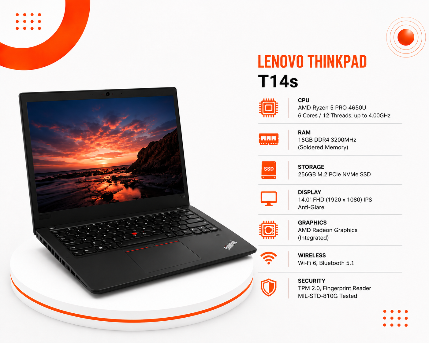 لينوفو ThinkPad T14s - المعالج AMD Ryzen 5 PRO 4650U - الرام 16GB DDR4 - التخزين 256GB SSD NVMe - كرت الشاشة AMD Radeon Graphics - اللون أسود - الشاشة 14 إنش FHD IPS - نظام التشغيل Windows 10 Pro
