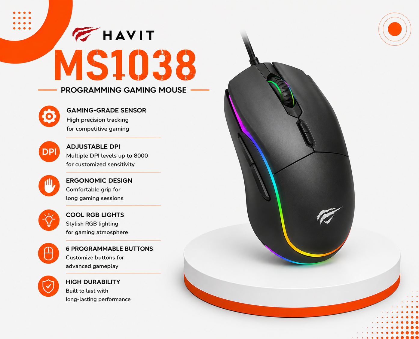 ماوس ألعاب Havit MS1038 - سلكي - مستشعر بصري - دقة 8000 DPI - معدل 1000Hz - 7 أزرار قابلة للبرمجة - إضاءة RGB - وزن 82g - كابل 1.6 متر - USB