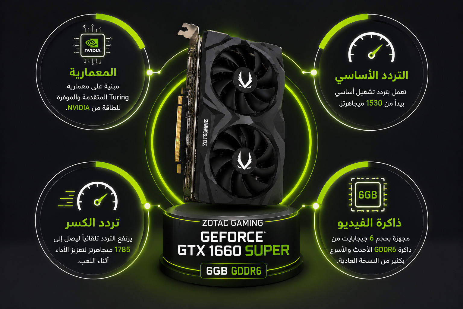 كرت شاشة ZOTAC GAMING GeForce GTX 1660 SUPER سعة 6GB GDDR6، تبريد ثنائي Dual Fan، تصميم مدمج، لوحة خلفية للحماية (مستعمل)