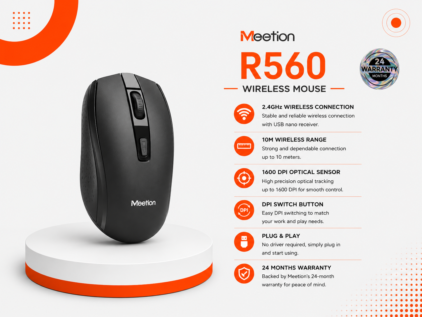 ماوس Meetion R560 لاسلكي - مستشعر بصري - دقة 1600 DPI - اتصال 2.4GHz - مدى 10 متر - 4 أزرار - وزن 60g - بطارية AA - Auto-Sleep - Nano USB - Plug & Play