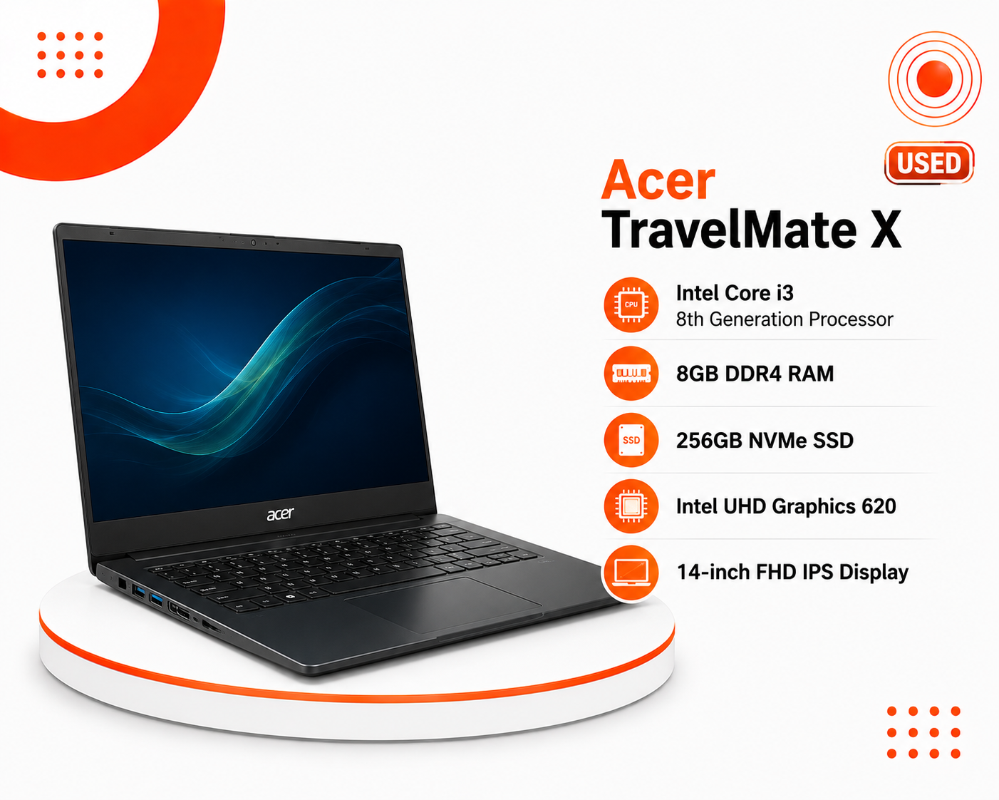 Acer TravelMate X - المعالج Intel Core i3 الجيل الثامن - الرام 8GB DDR4 - التخزين 256GB SSD NVMe - كرت الشاشة NIVIDIA MX130 - الشاشة 14 إنش FHD IPS - تصميم نحيف وخفيف الوزن - الجهاز مستعمل - نظام التشغيل Windows 10