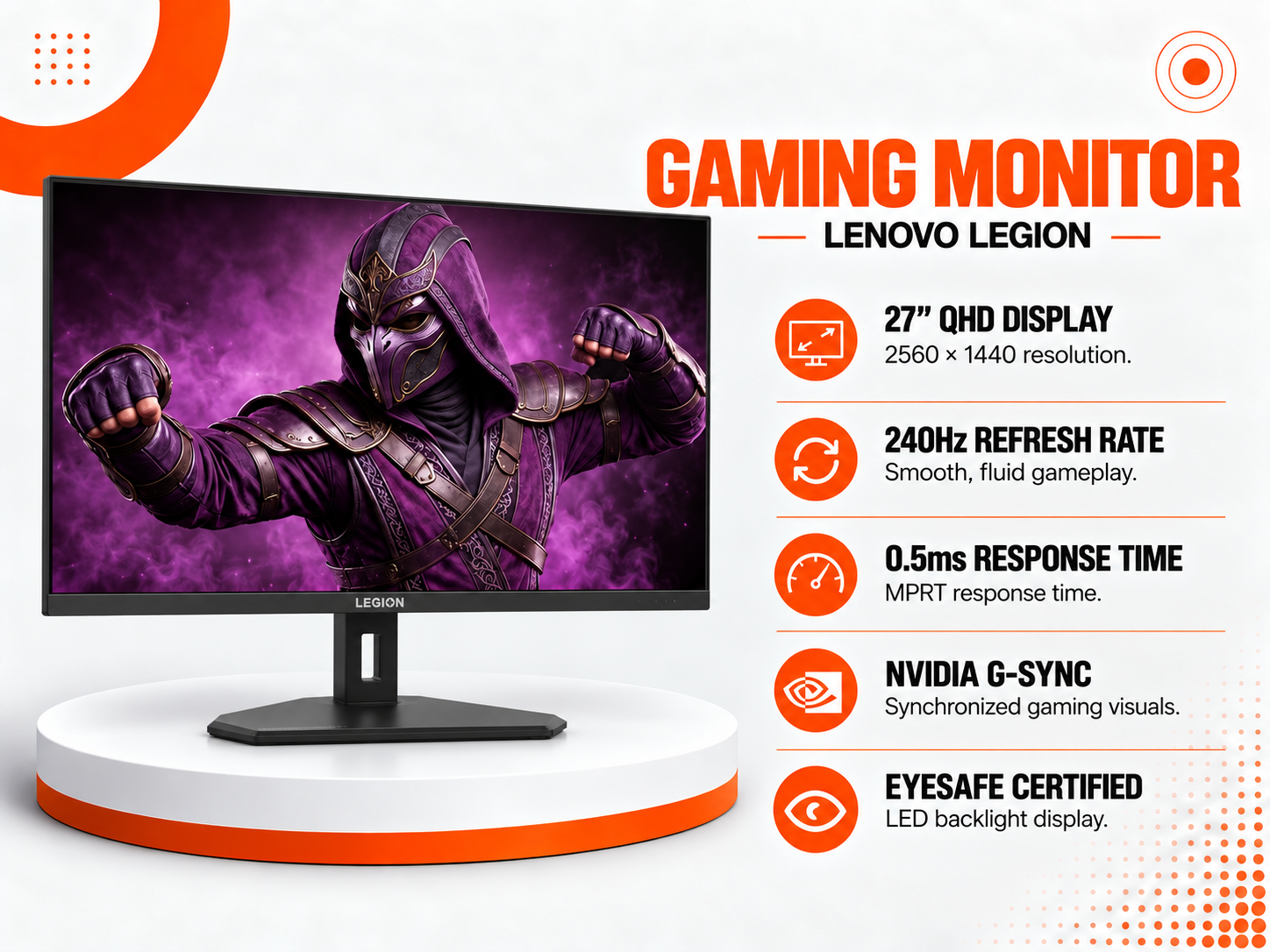 شاشة Lenovo Legion Gaming Monitor مقاس 27 بوصة QHD – 240Hz